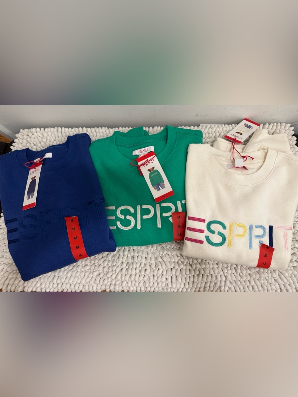 Lot of 3 NWT Esprit Logo Fleece Crewneck Sweatshirt  Cream Blue Green 80's sz M